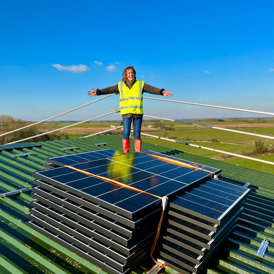 Dawn on the roof with solar panels
